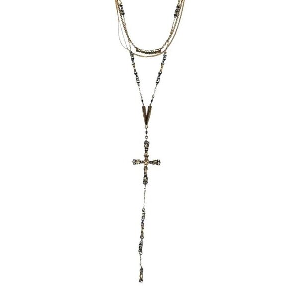 Layered Gold-Tone Necklace Ornate Cross Pendant‎ Beaded Accents 18" - Picture 1 of 11